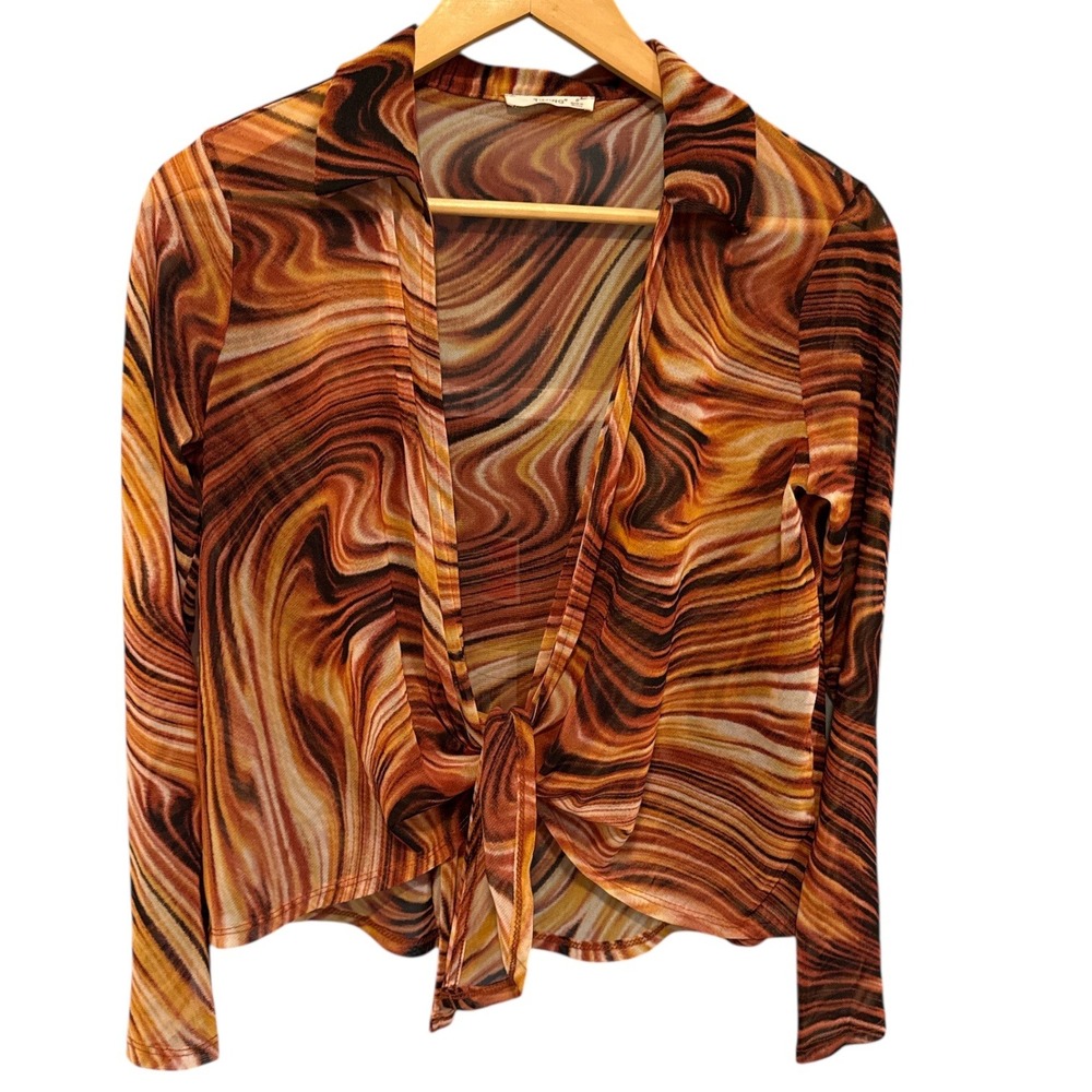 Timing Mesh Tie Front Marble Print Top Sz‎ S Groovy Retro Festival Boho